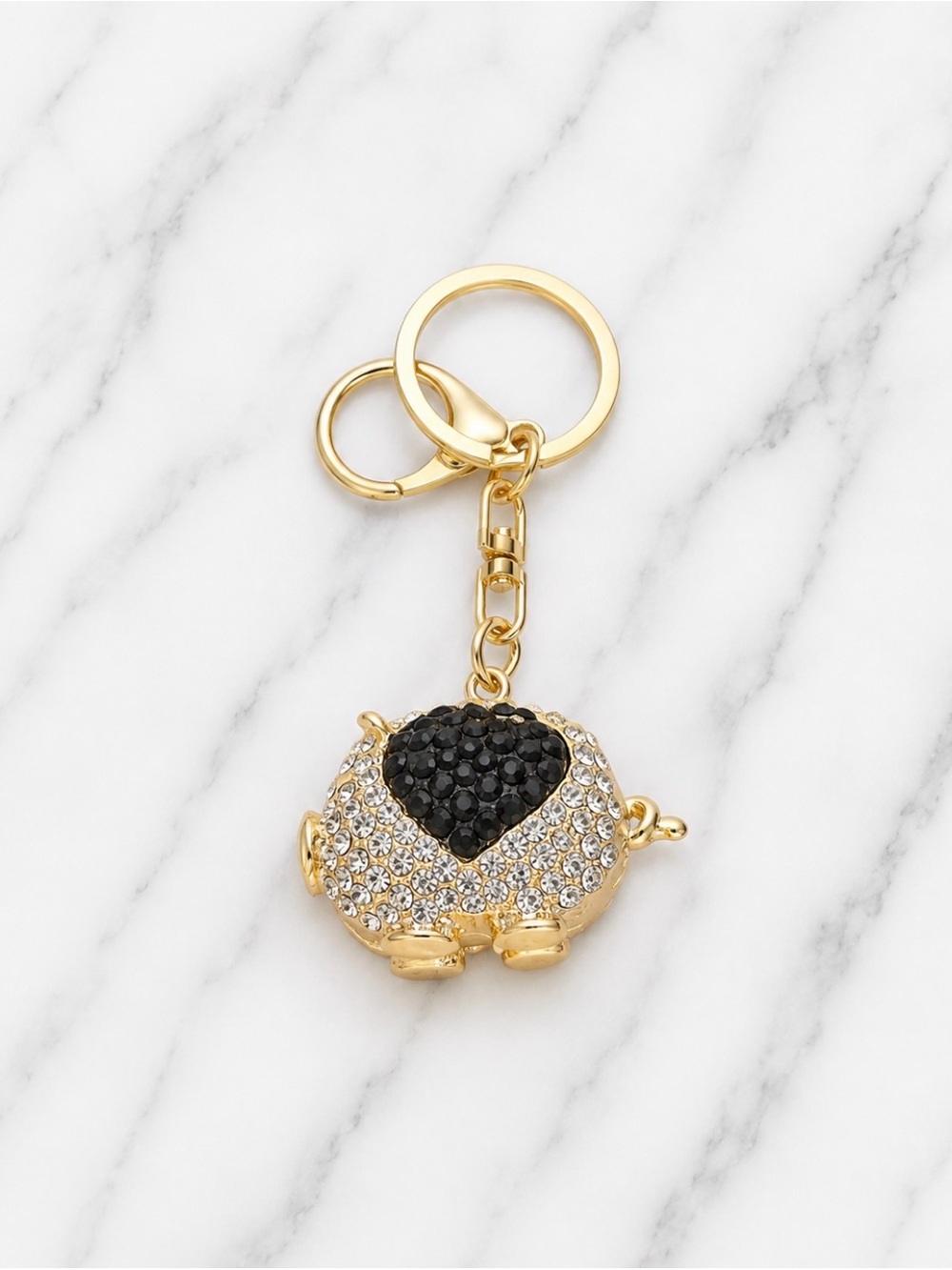 Rhinestone Pig Bag Charm/Keyring with Black Heart Accent Gold Hardware
